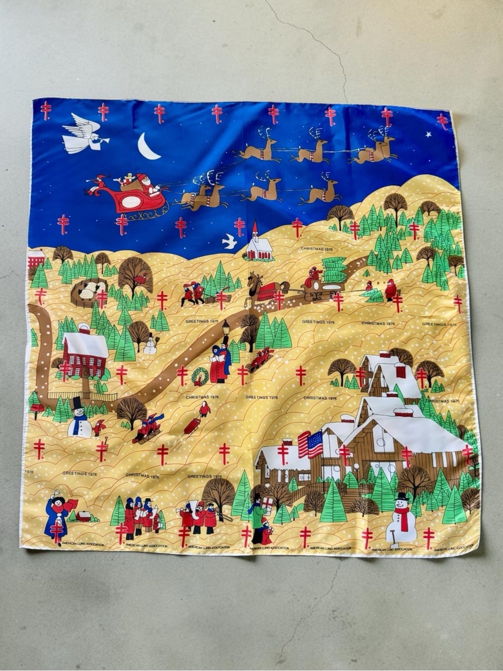 Vtg 70s Glentex Xmas Theme Scarf American Lung Association  27x27 Hand Rolled